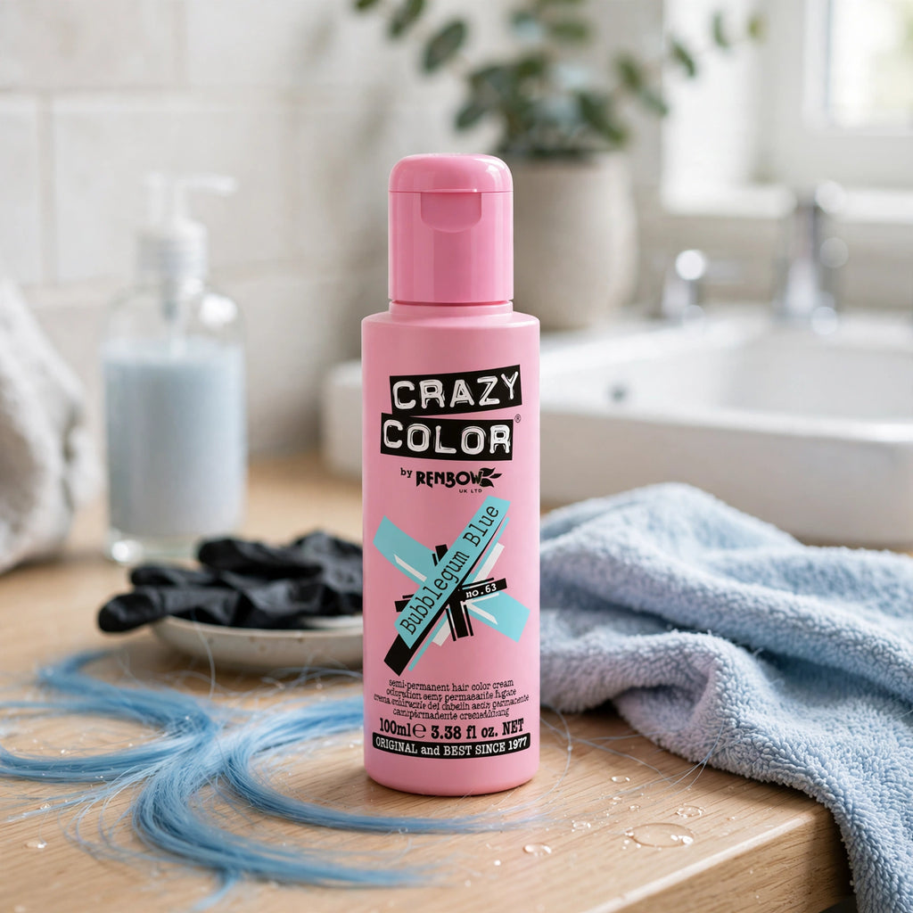 Model showcasing Bubblegum Blue hair dye on pre-lightened hair