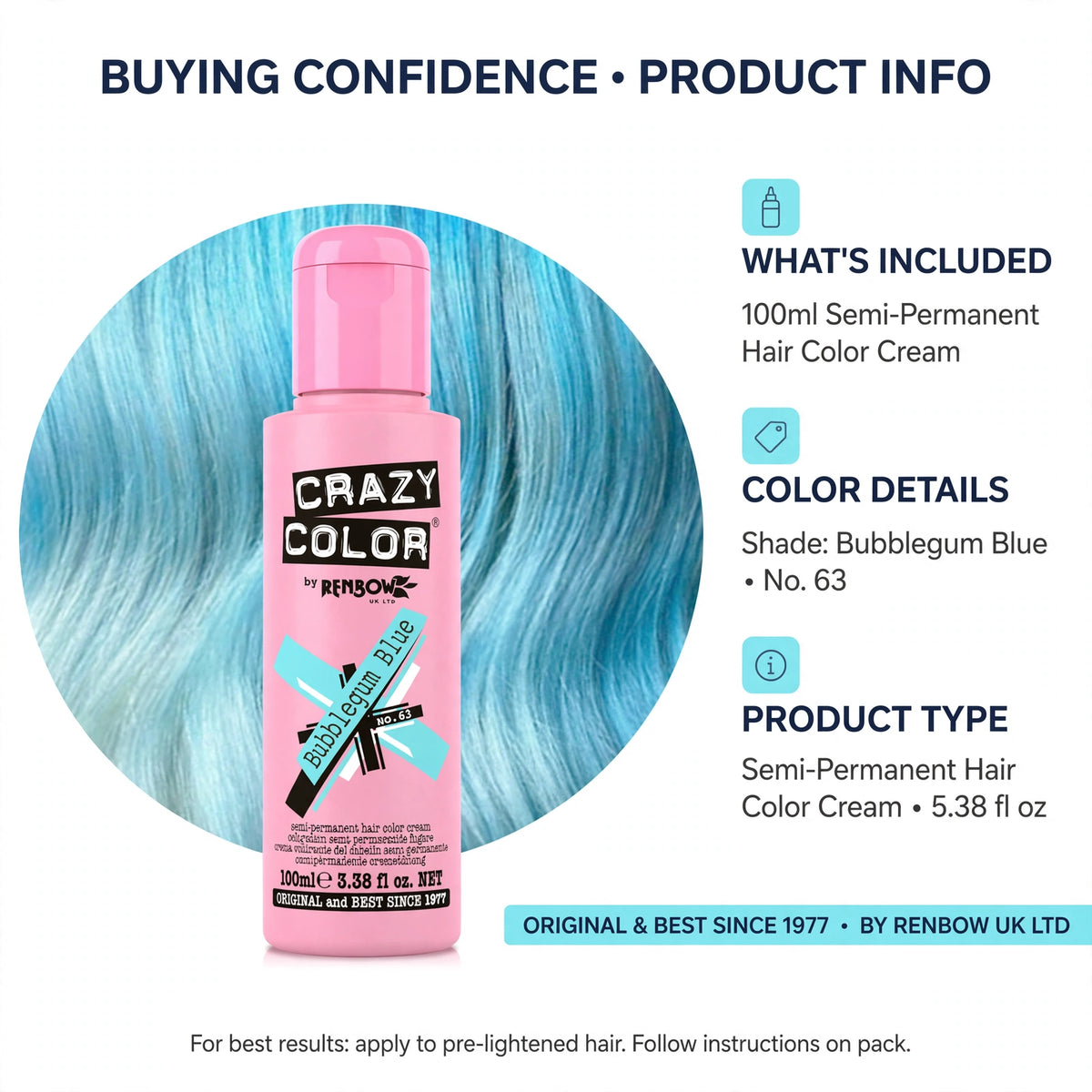 Details about Crazy Color Bubblegum Blue hair dye, designed for pre-lightened hair
