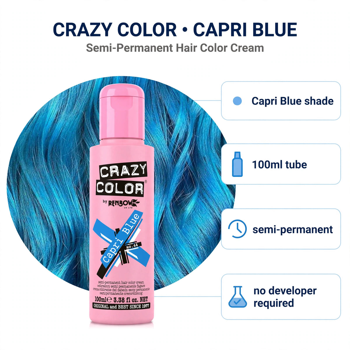 Features of Crazy Color Capri Blue hair dye including no developer required