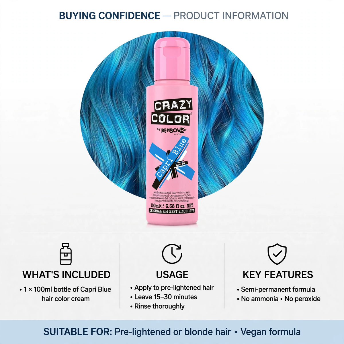 Crazy Color Capri Blue hair dye designed for pre-lightened hair
