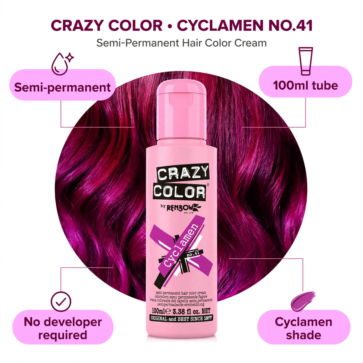 Infographic showing features of Crazy Color Cyclamen semi-permanent hair dye
