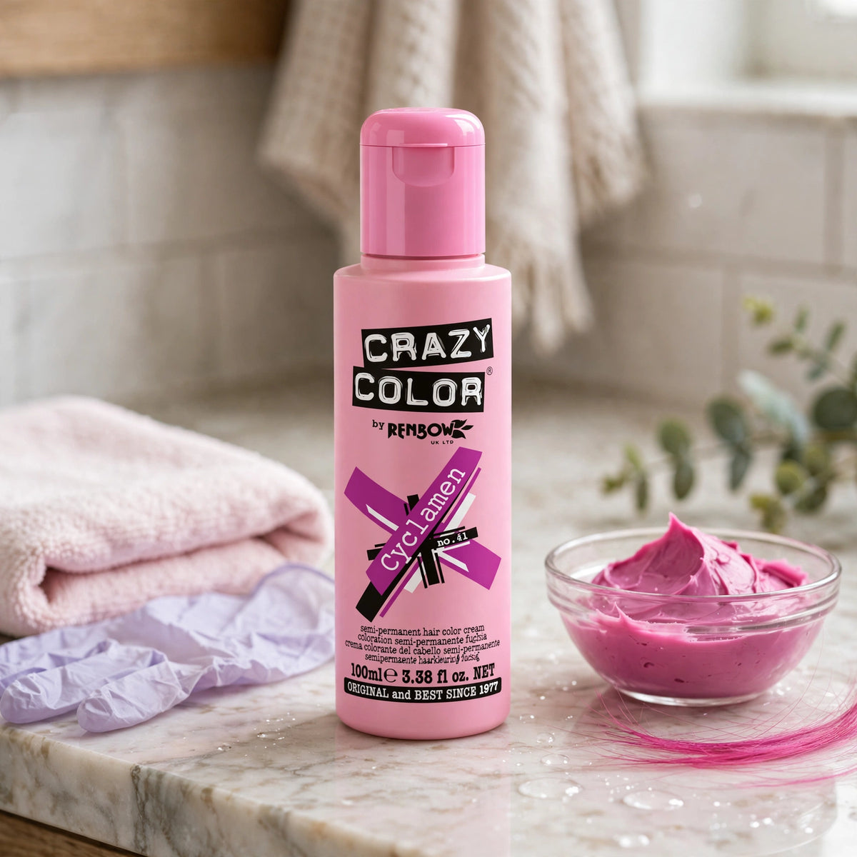 Crazy Color Cyclamen hair dye being applied to bleached hair