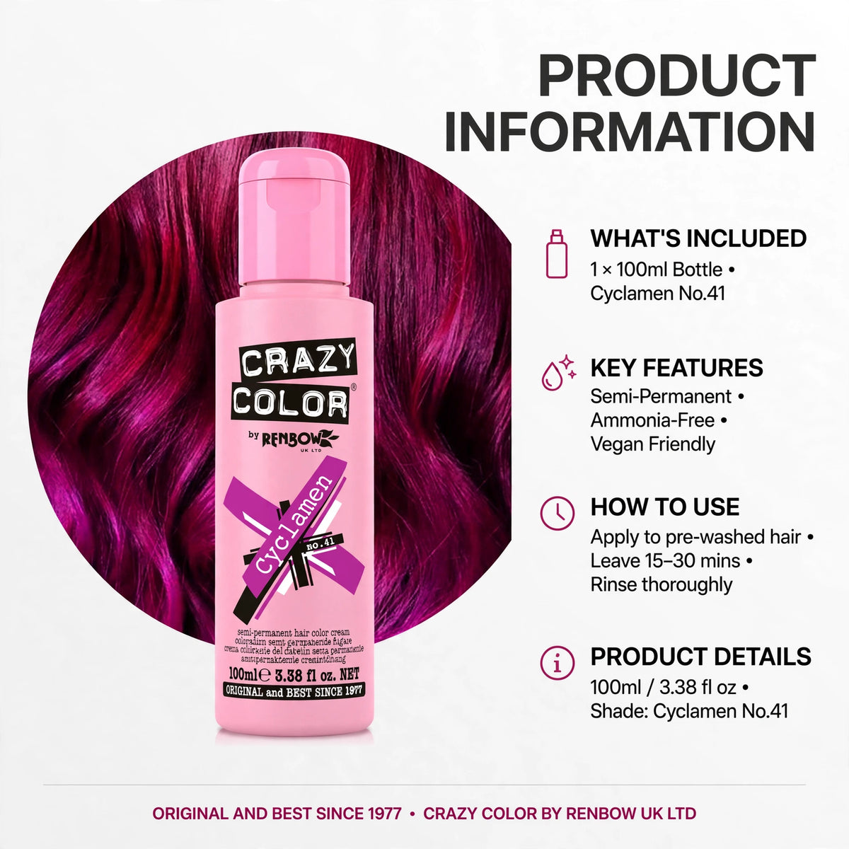 Crazy Color Cyclamen hair dye offers bright magenta-pink results on bleached hair