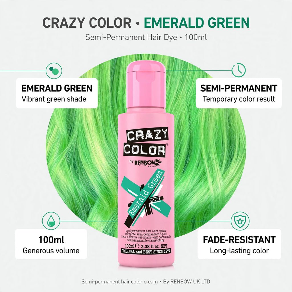 Features of Crazy Color Emerald Green Semi-Permanent Hair Dye including vibrant color payoff and conditioning formula
