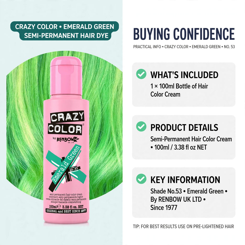 Product information for Crazy Color Emerald Green Semi-Permanent Hair Dye 100ml with key features listed