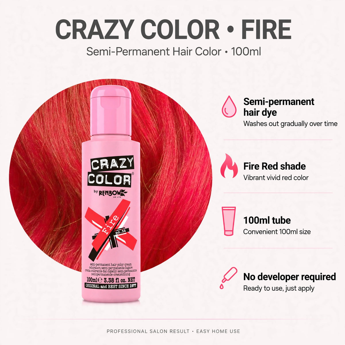 Features of Crazy Color Fire Red semi-permanent hair dye including no developer required