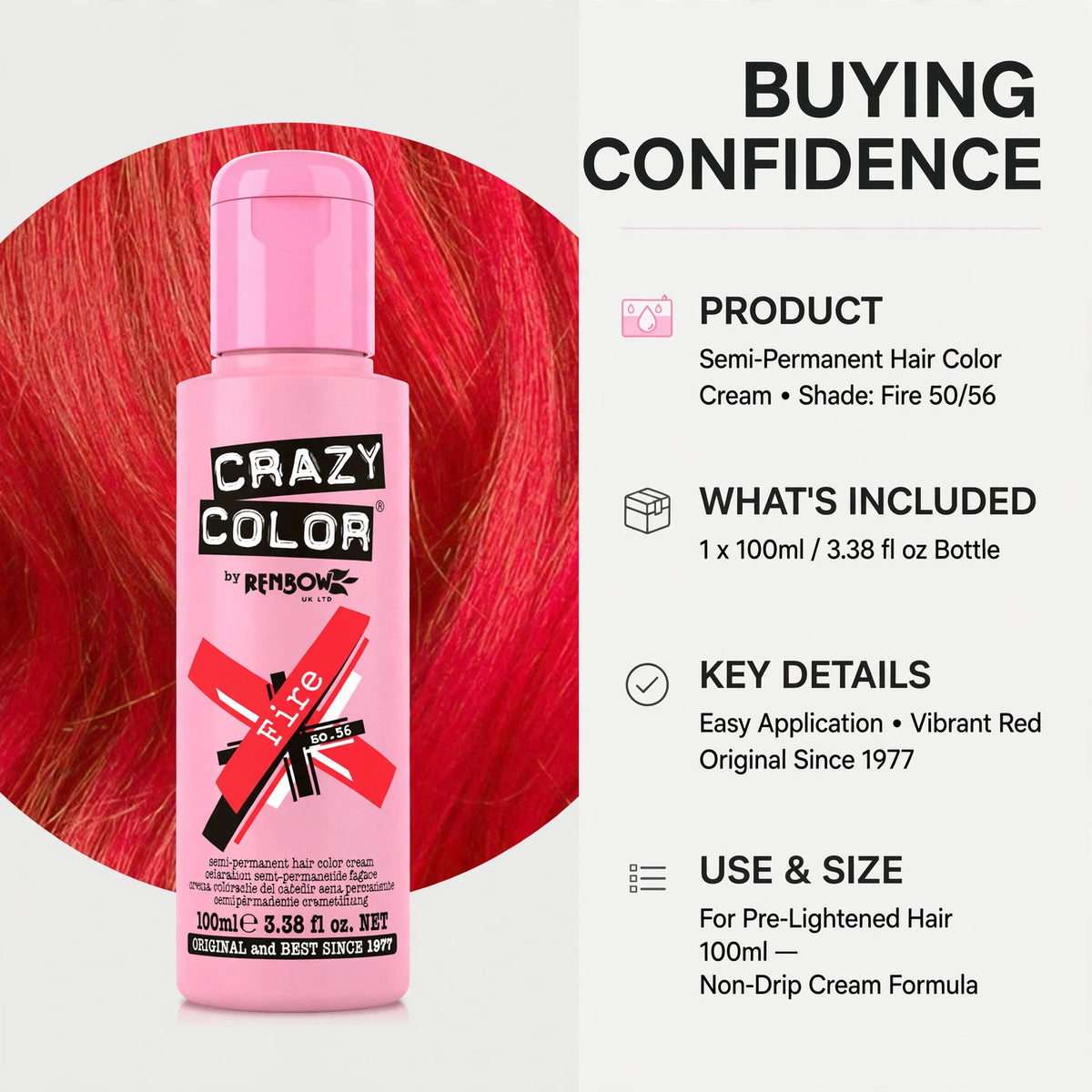 Crazy Color Fire Red hair dye delivers an intense fire-engine red result on bleached hair