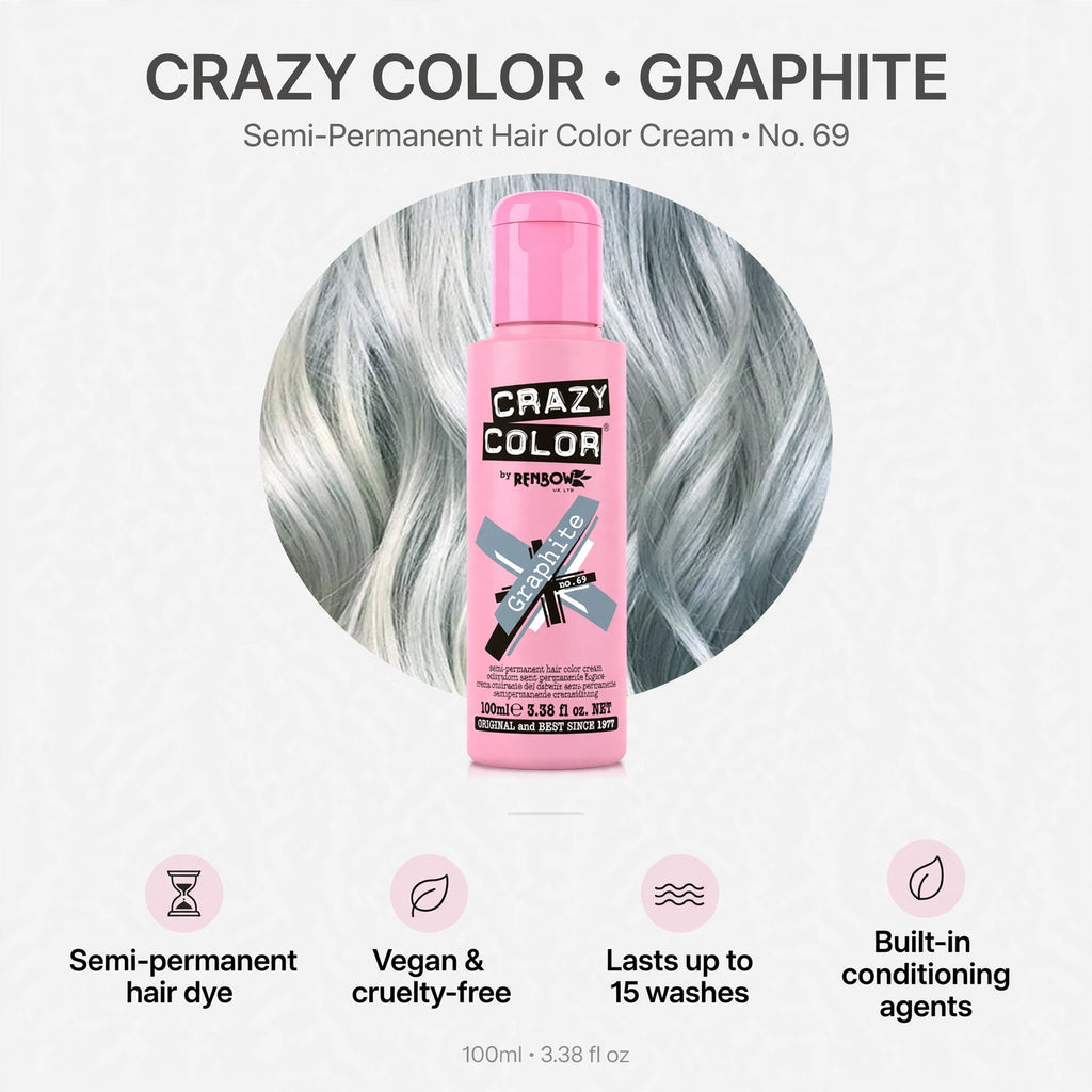 Infographic showing features of Crazy Color semi-permanent hair dye including vegan and built-in conditioning benefits