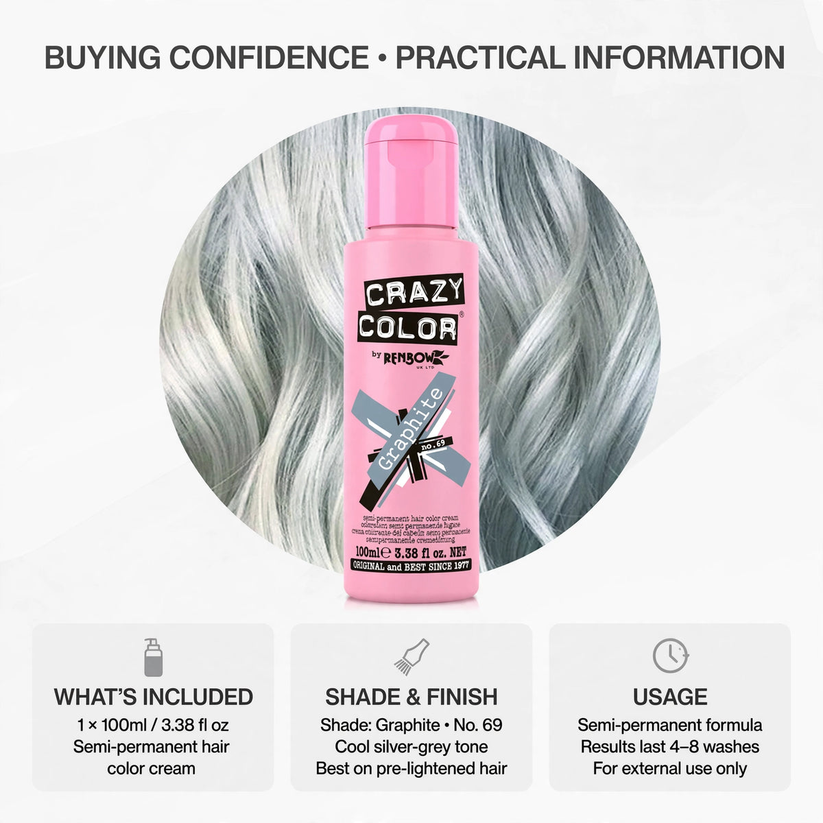 Information image explaining Crazy Color's semi-permanent hair dye and its longevity and conditioning properties