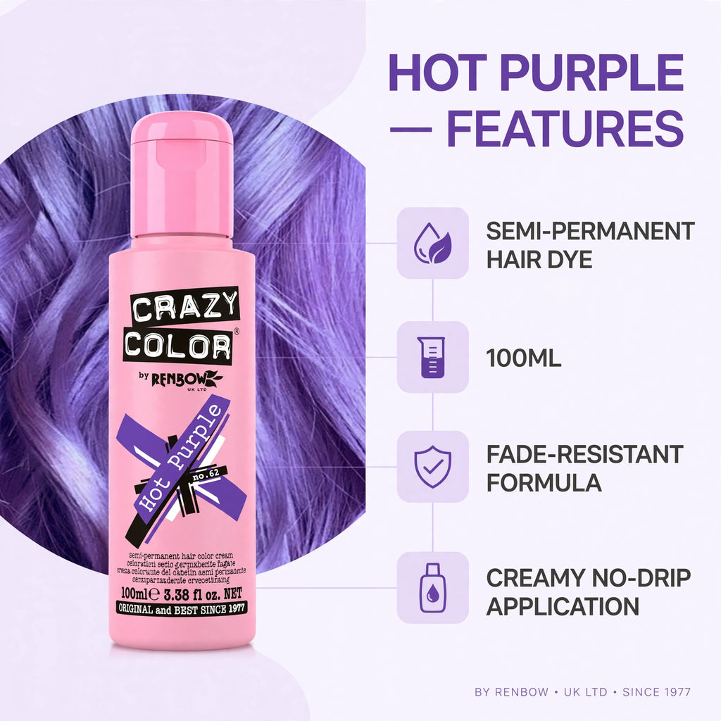 Features of Crazy Color Hot Purple Semi-Permanent Hair Dye including fade-resistant formula and no-drip application