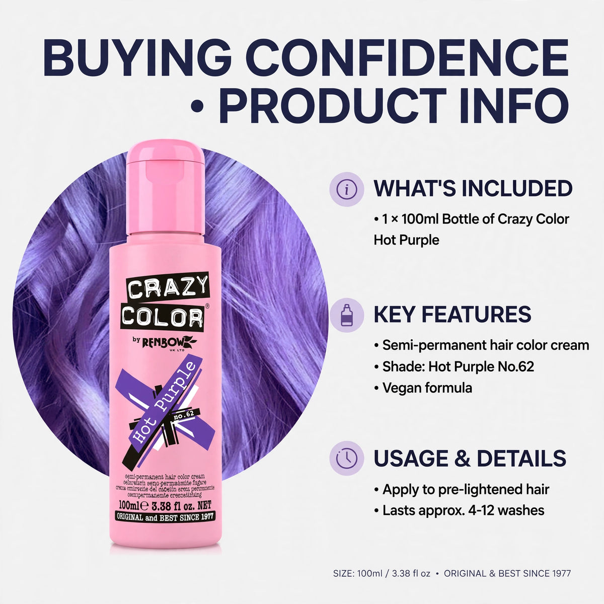 Product identification and information for Crazy Color Hot Purple Semi-Permanent Hair Dye