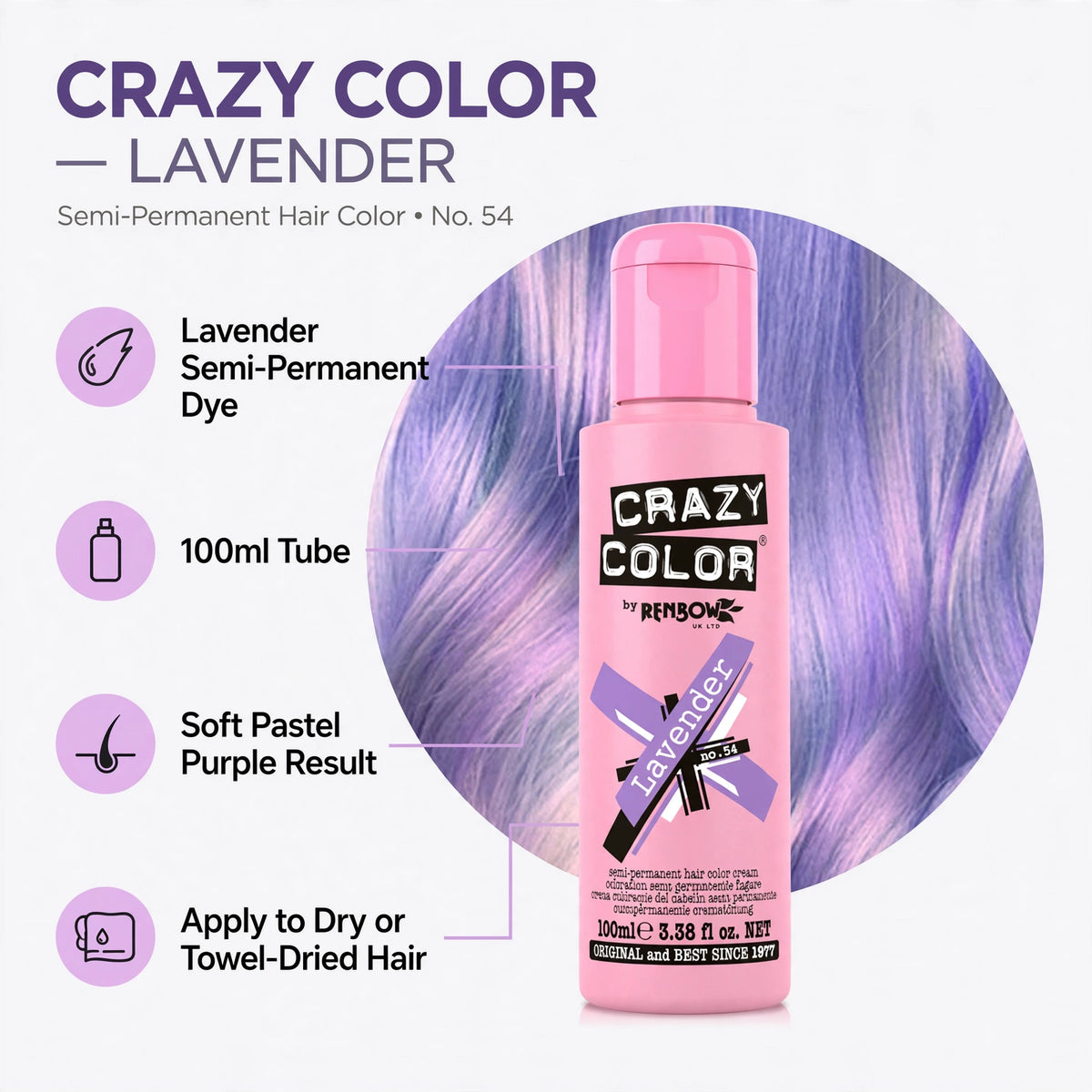 Infographic showing features of Crazy Color Lavender hair dye