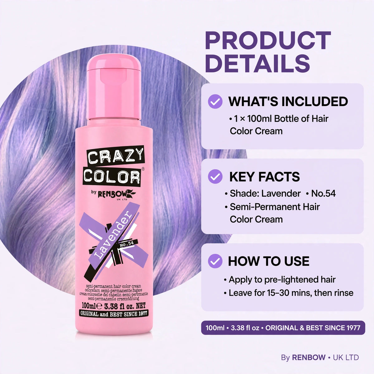 Product information for Crazy Color Lavender semi-permanent hair dye