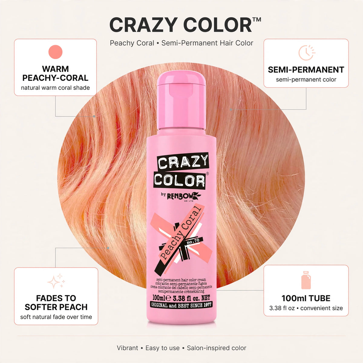 Infographic showing features of Crazy Color Peachy Coral hair dye