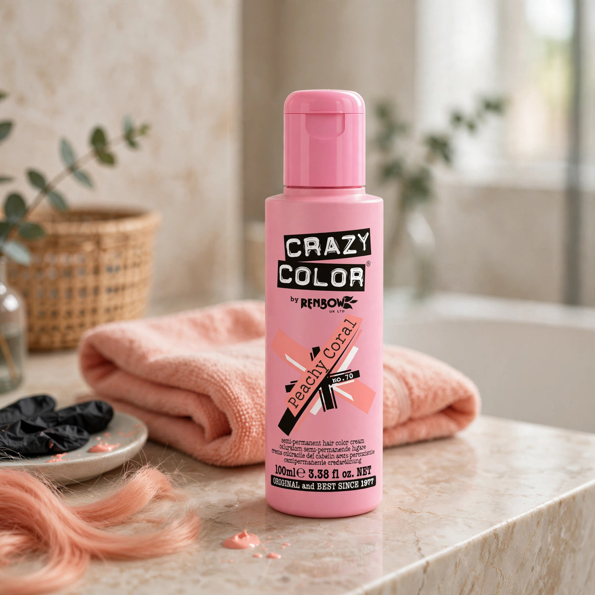 Crazy Color Peachy Coral hair dye applied to light or bleached hair