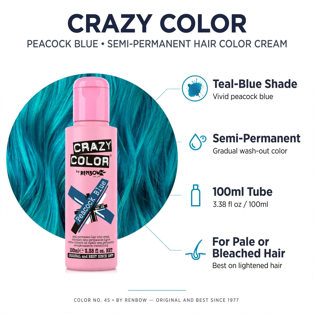 Features of Crazy Color Peacock Blue: semi-permanent dye, applies to dry hair, leave in 15-30 minutes