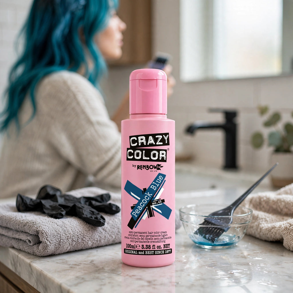 Application of Crazy Color Peacock Blue hair dye on towel-dried hair
