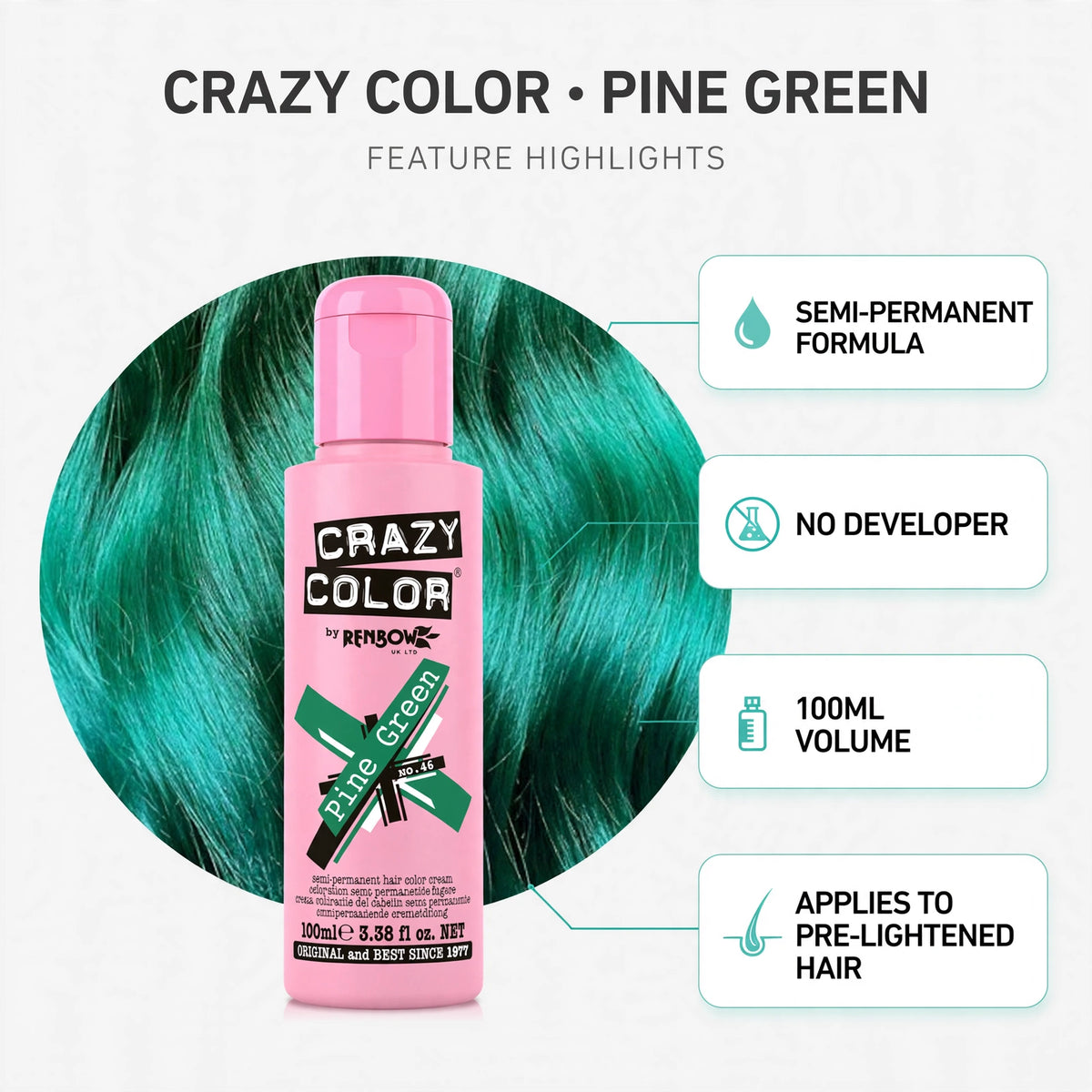 Infographic detailing features of Crazy Color Pine Green Semi-Permanent Hair Dye