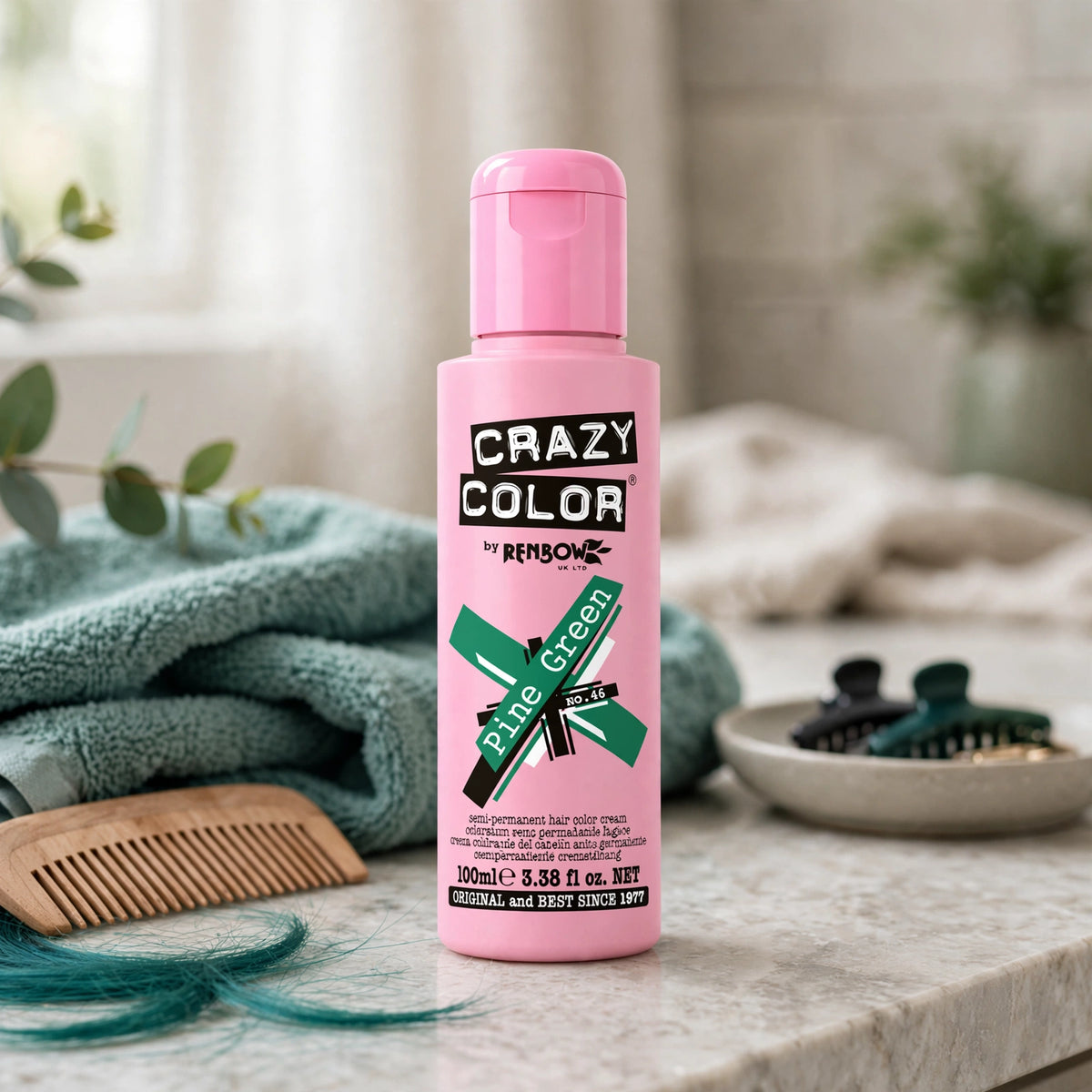 Crazy Color Pine Green Semi-Permanent Hair Dye applied to pre-lightened hair for a bold look