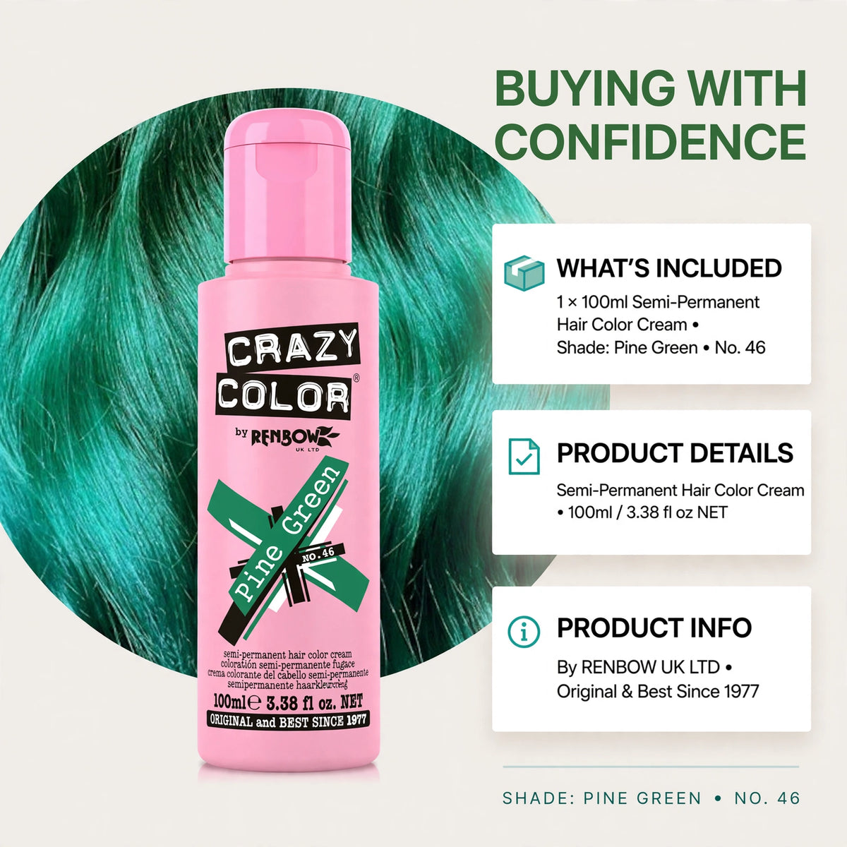 Information image for Crazy Color Pine Green Semi-Permanent Hair Dye with details on application