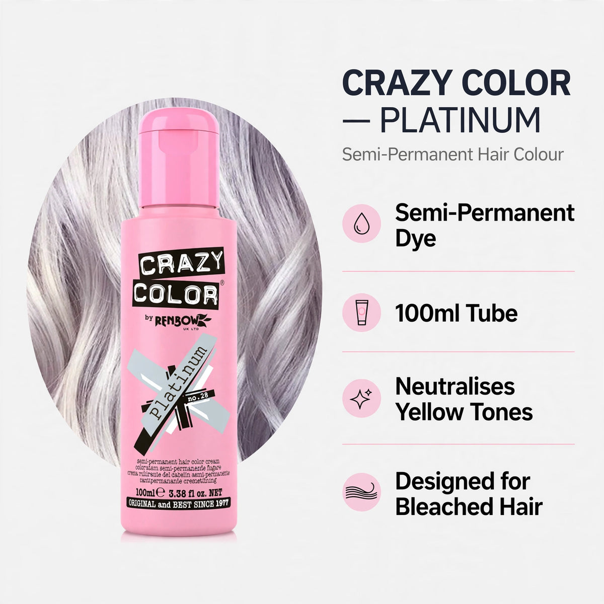 Infographic showing features of Crazy Color Platinum hair dye