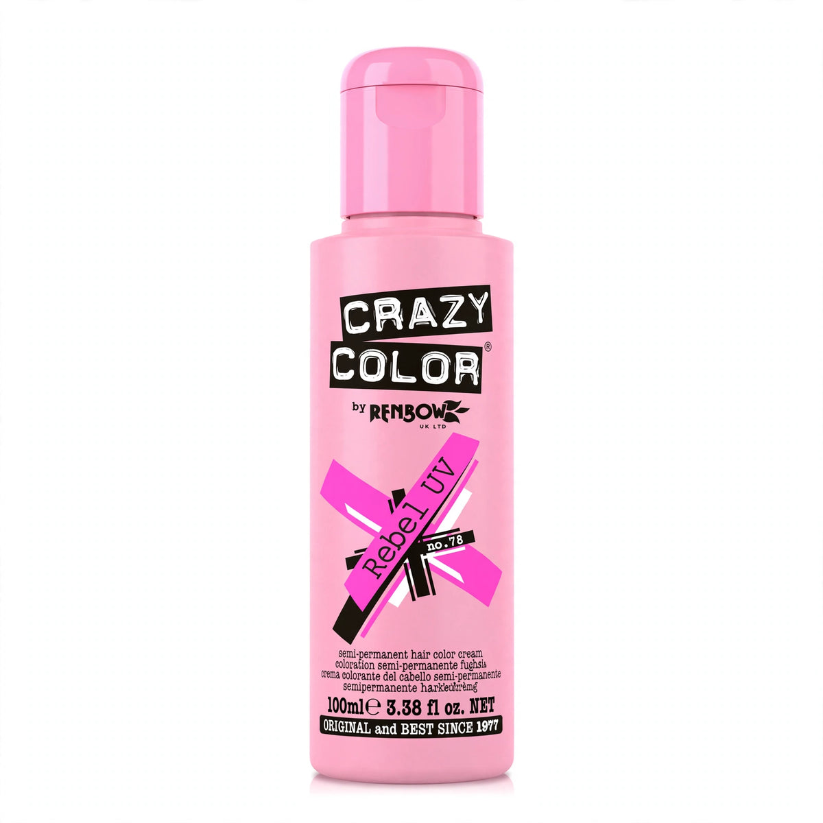 Detail view of Crazy Color Rebel UV Neon Pink hair dye container