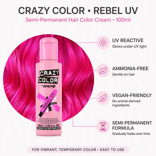 Infographic showing features of Crazy Color Rebel UV Neon Pink hair dye