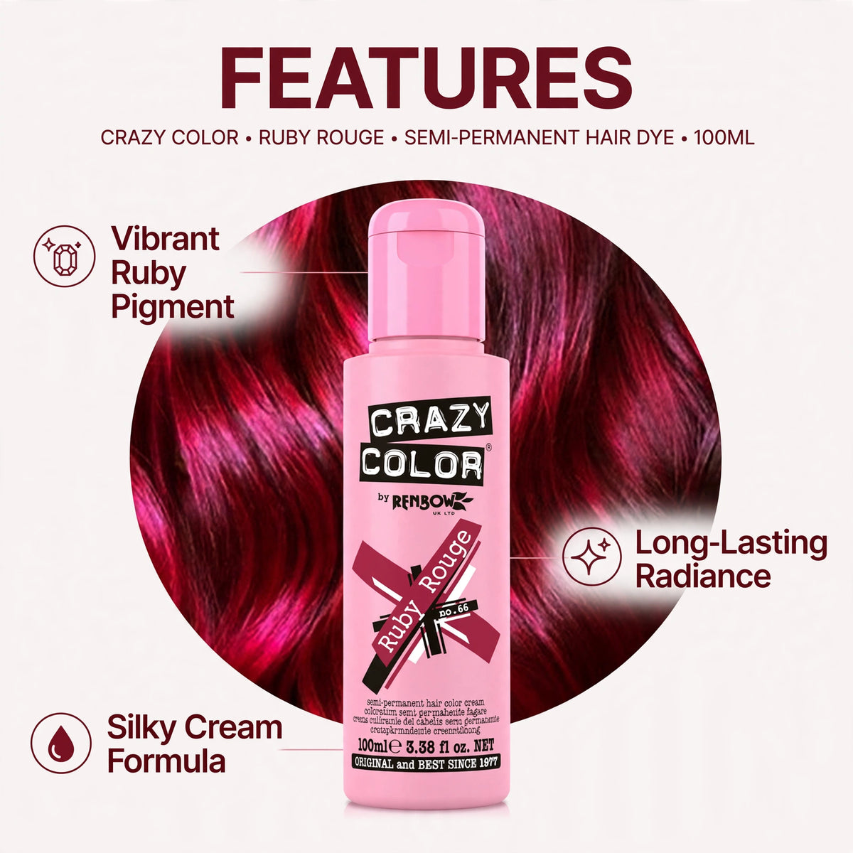 Infographic showing features of Crazy Color Ruby Rouge hair dye