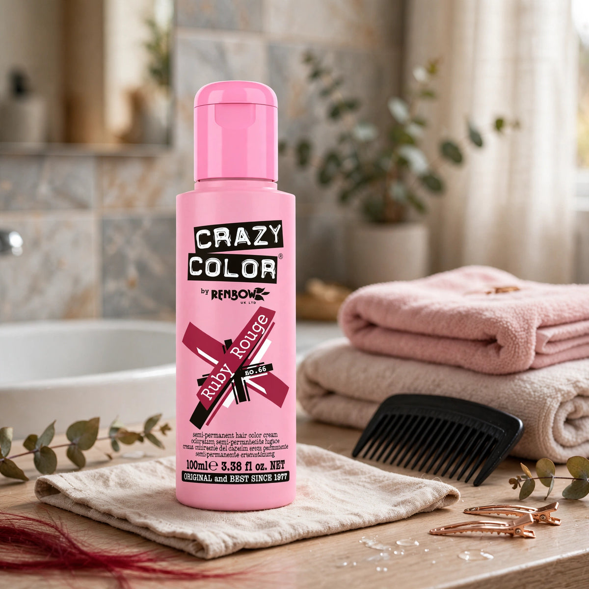 Application of Crazy Color Ruby Rouge Semi-Permanent Hair Dye in a hair salon setting