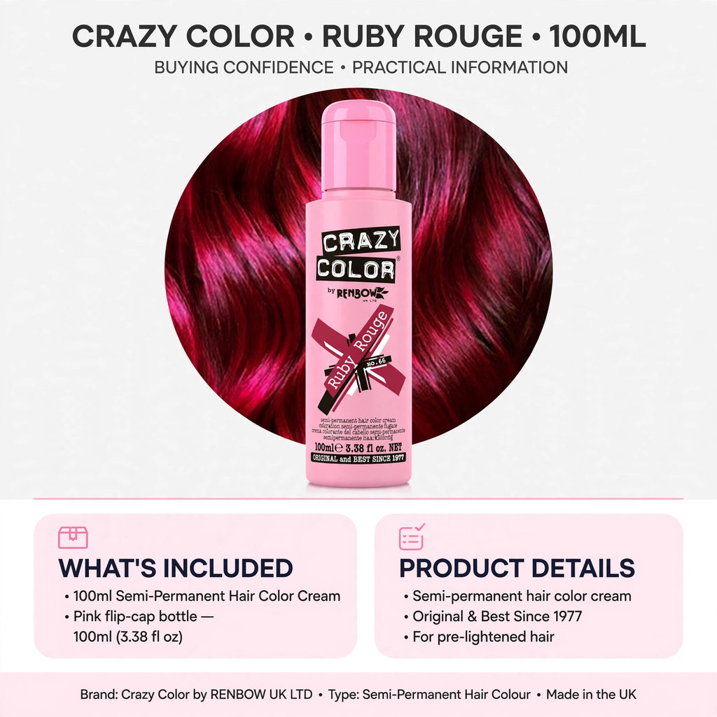 Product details highlighting features of Crazy Color Ruby Rouge hair dye