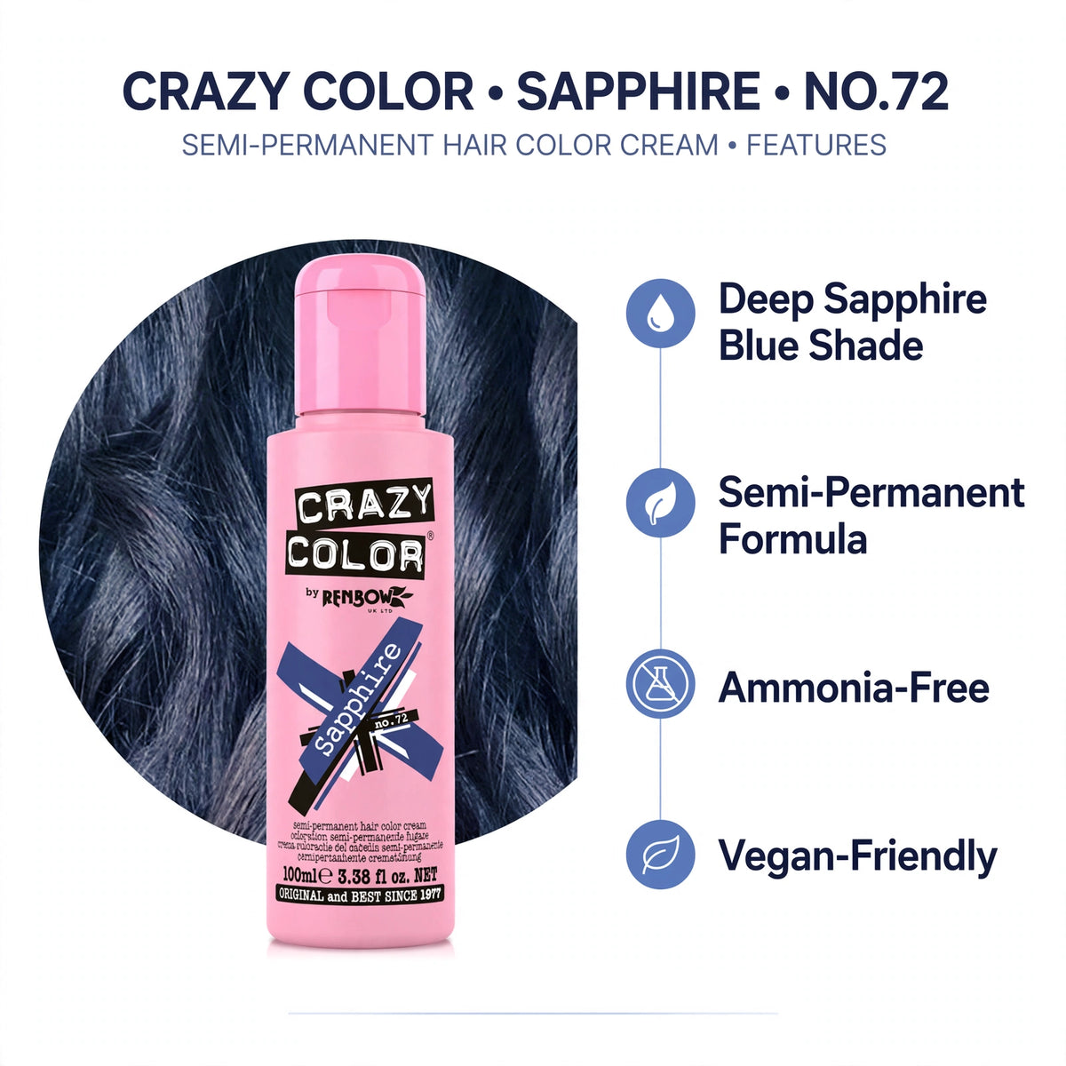 Infographic showing features of Crazy Color Sapphire Blue Semi-Permanent Hair Dye
