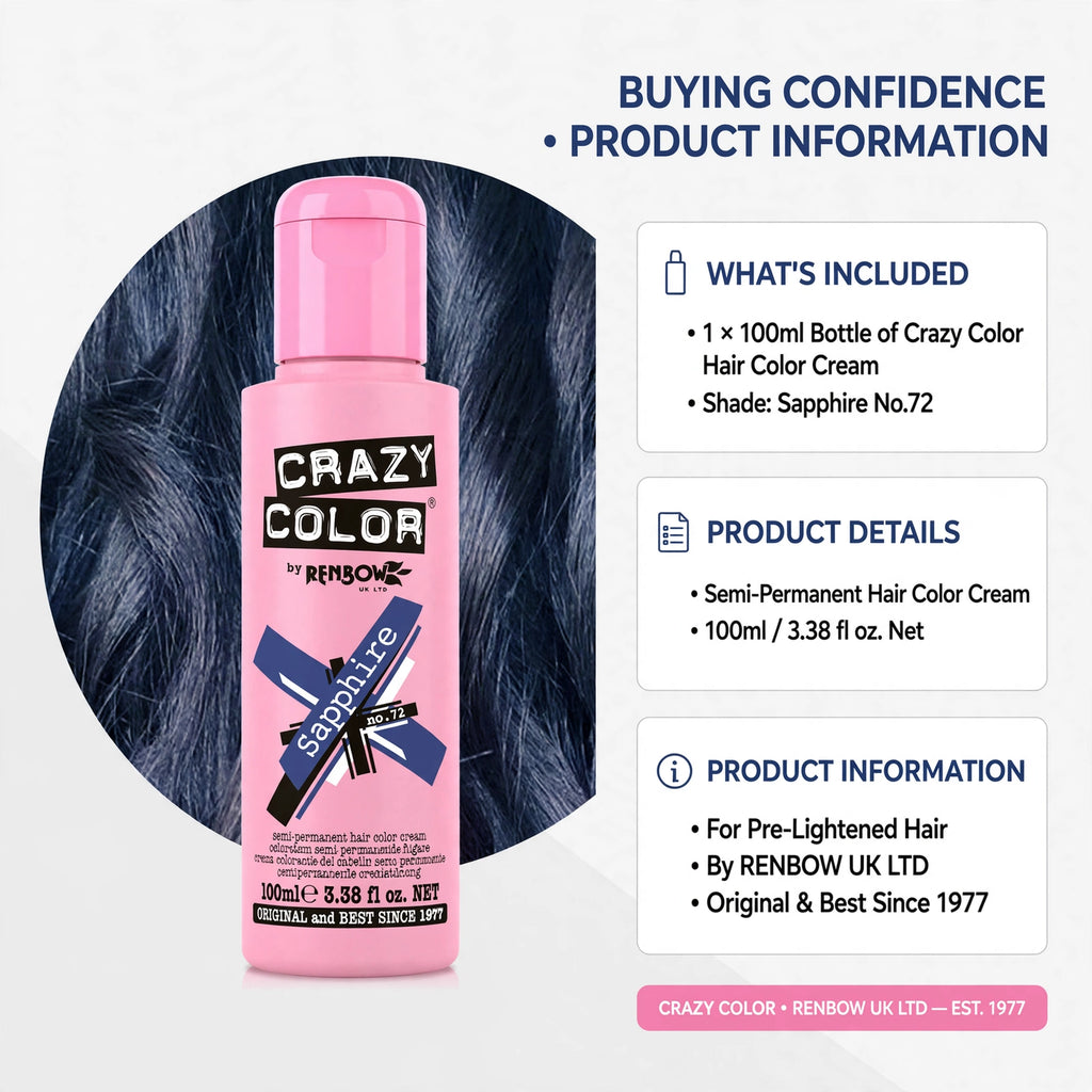 Detail information about Crazy Color Sapphire Blue Semi-Permanent Hair Dye and its properties