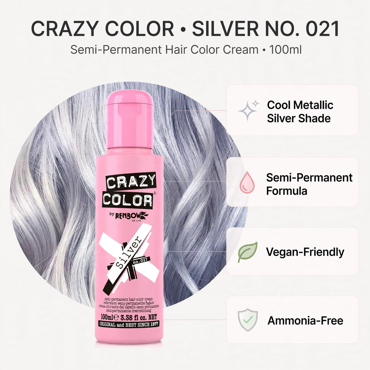 Crazy Color Silver semi-permanent hair dye features ammonia-free and vegan-friendly formula