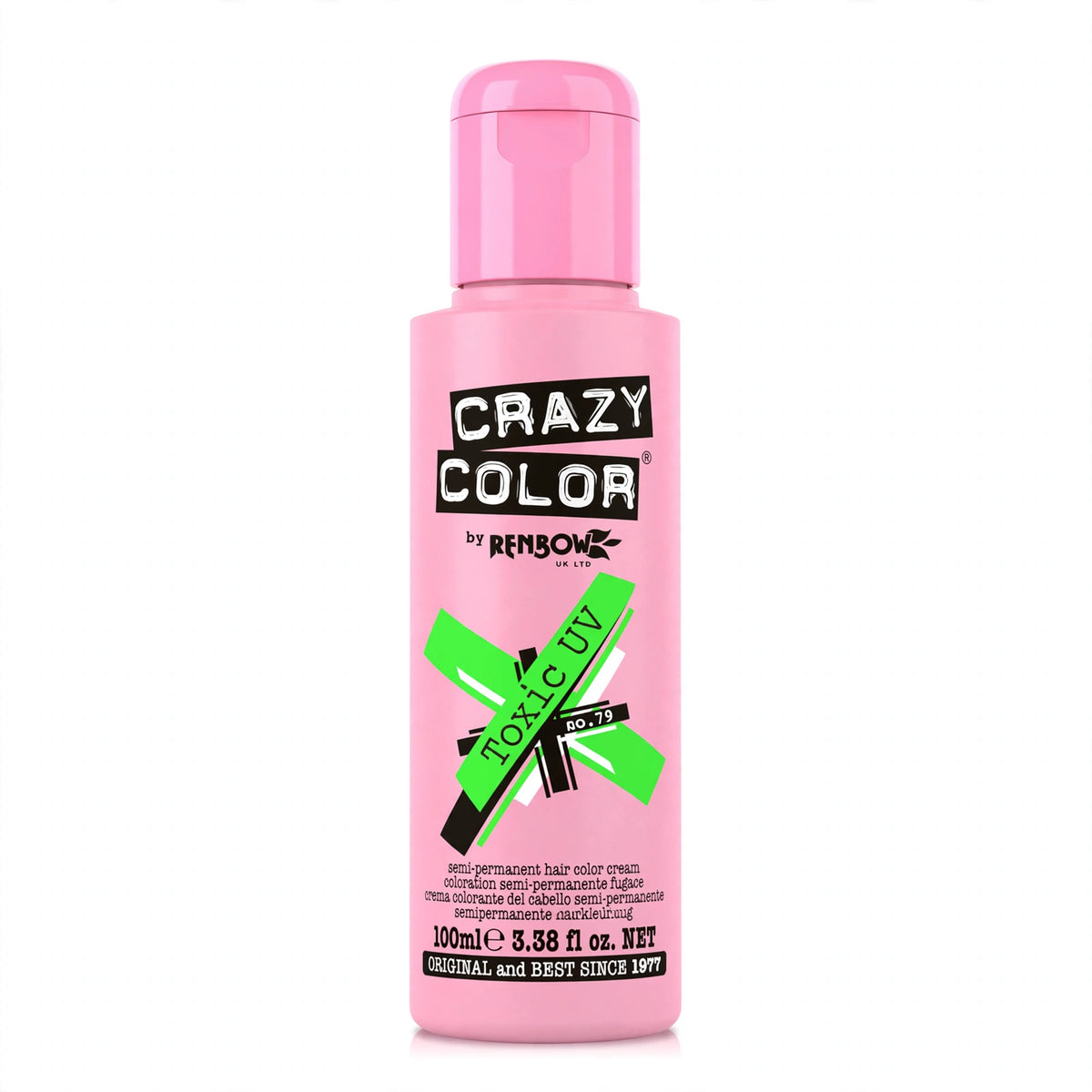 Detail view of Crazy Color Toxic UV Green Semi-Permanent Hair Dye bottle
