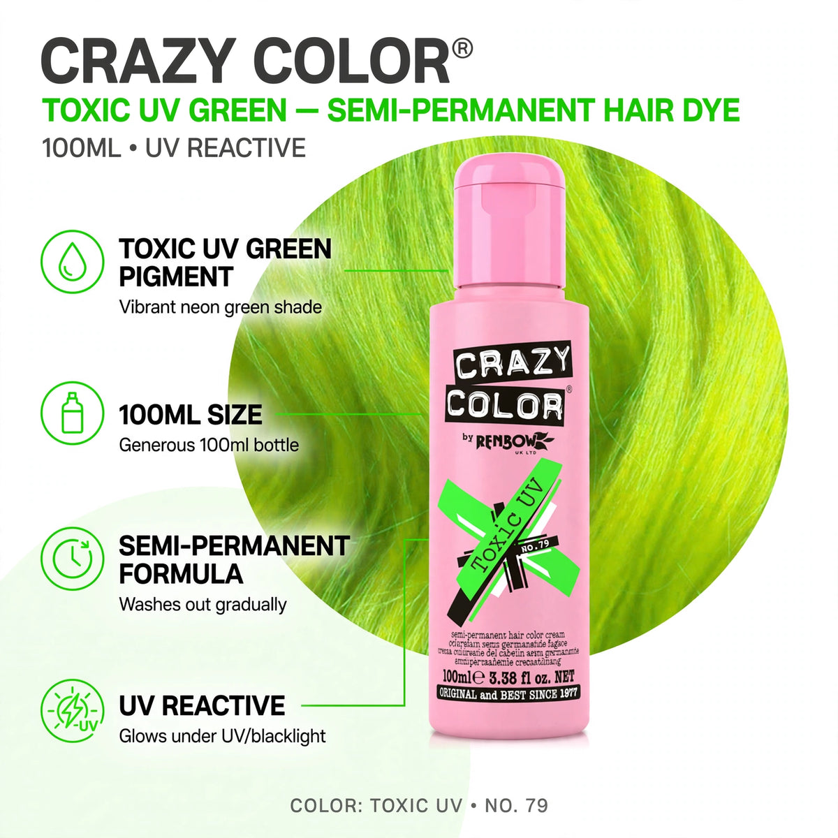 Infographic showing features of Crazy Color Toxic UV Green Semi-Permanent Hair Dye