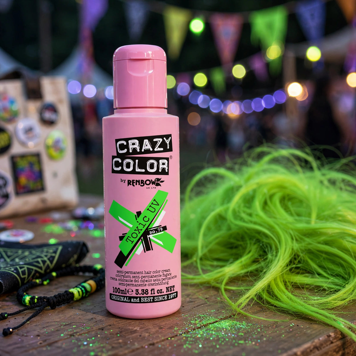 Crazy Color Toxic UV Green hair displayed under blacklight at a festival