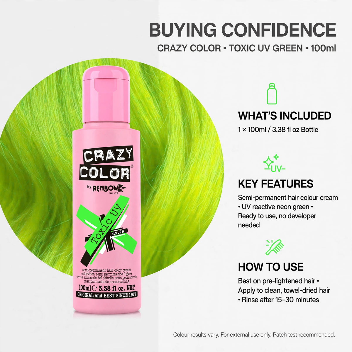 Product details for Crazy Color Toxic UV Green Semi-Permanent Hair Dye
