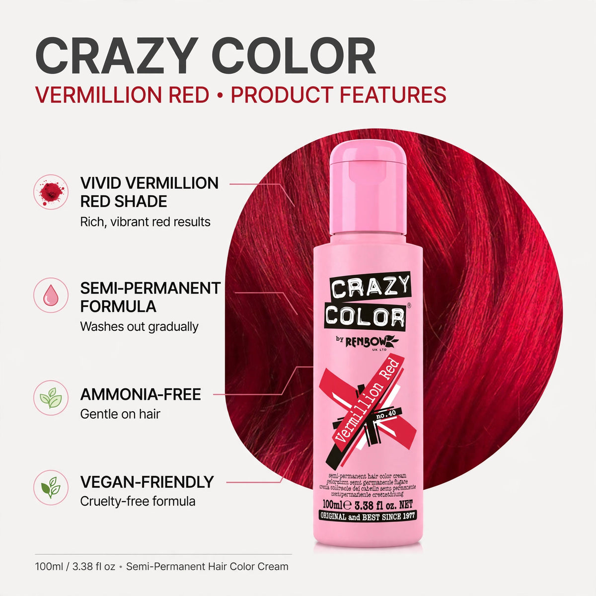 Infographic showing features of Crazy Color Vermillion Red hair dye, including ammonia-free and vegan-friendly