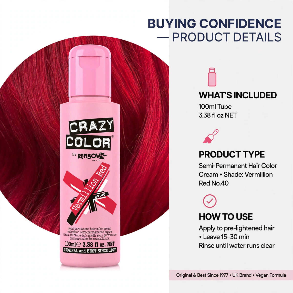 Information image detailing how to use Crazy Color Vermillion Red hair dye