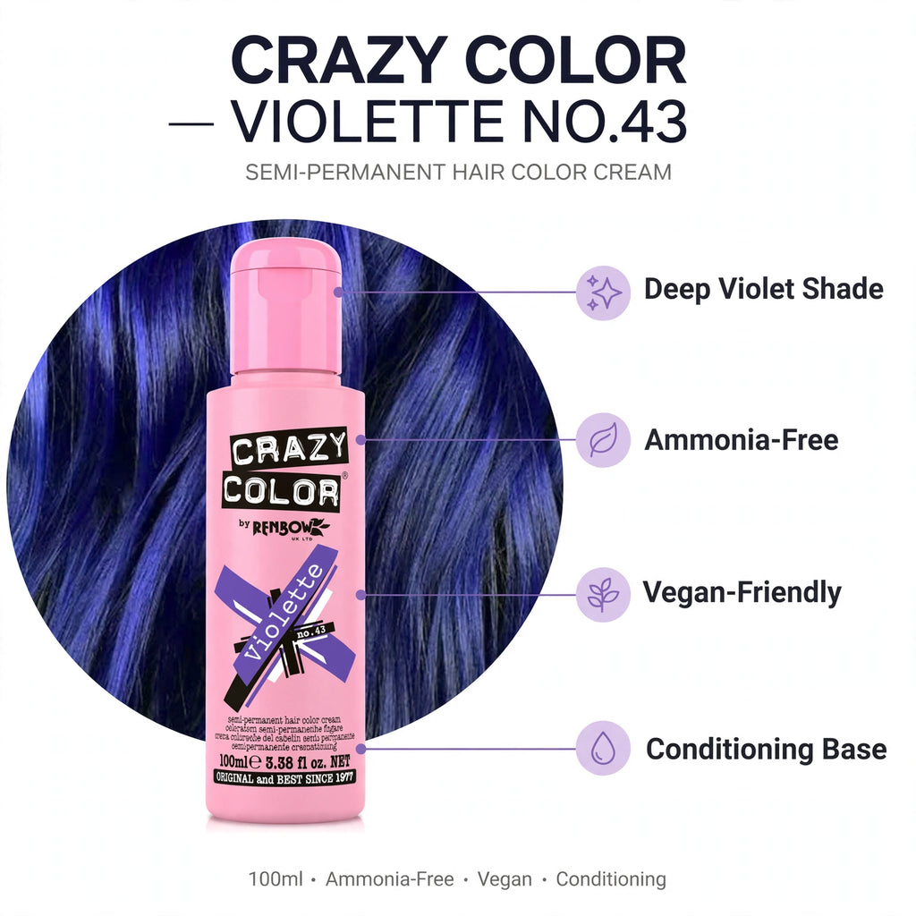Infographic showing features of Crazy Color Violette hair dye