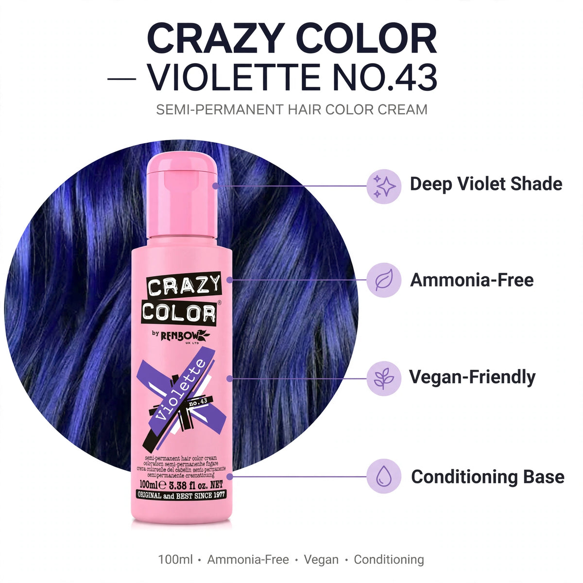 Infographic showing features of Crazy Color Violette hair dye