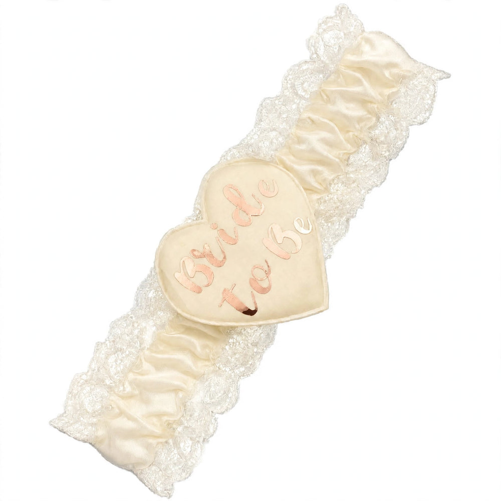 Bride To Be garter with cream and gold colours and white lace trim