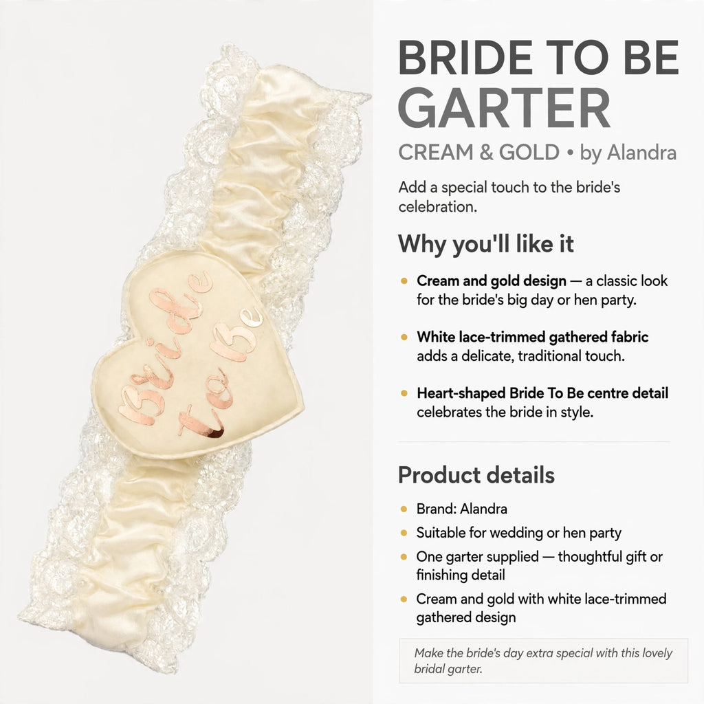 One cream and gold garter with white lace trim and Bride To Be lettering included