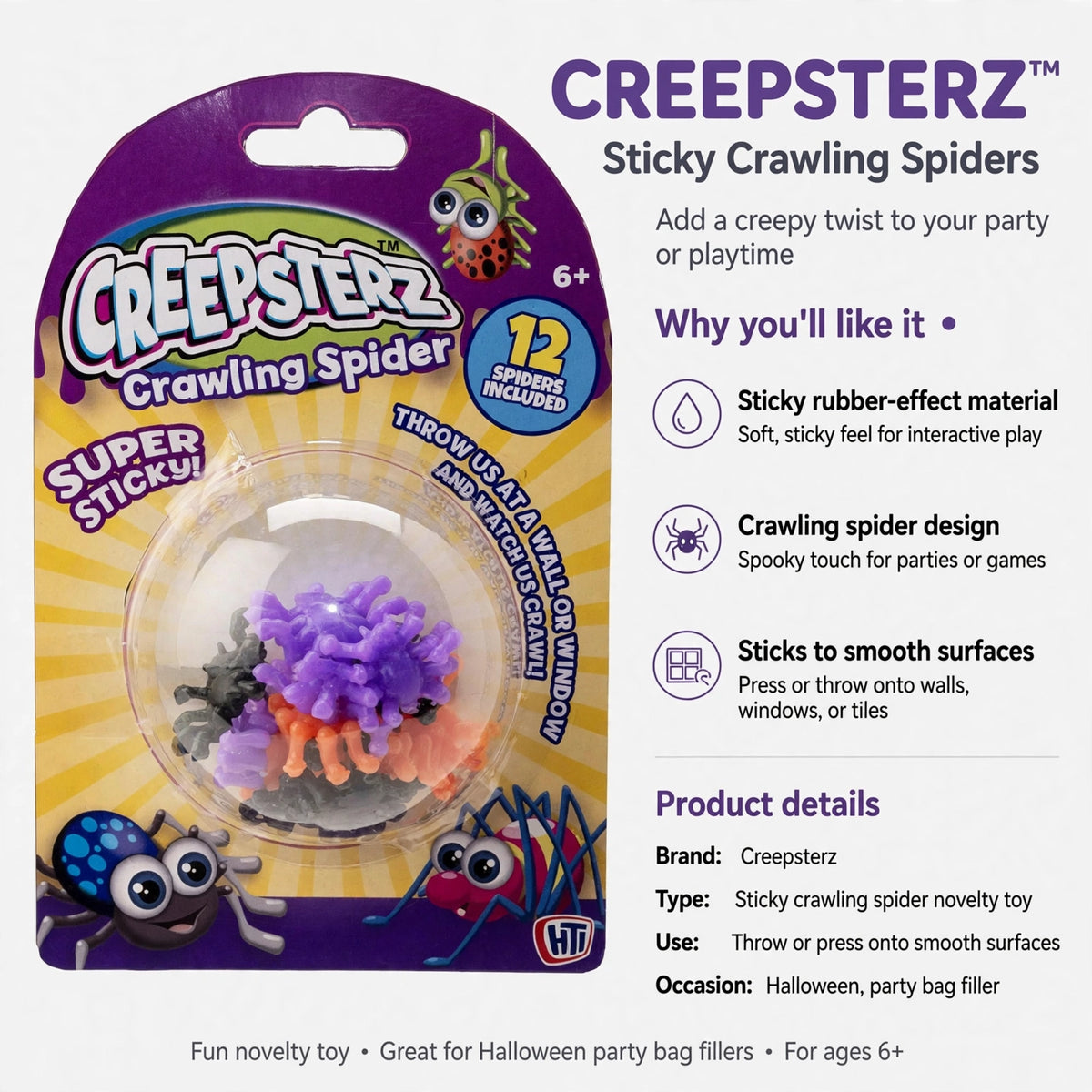 Infographic showing sticky rubber-effect material and crawling spider design features