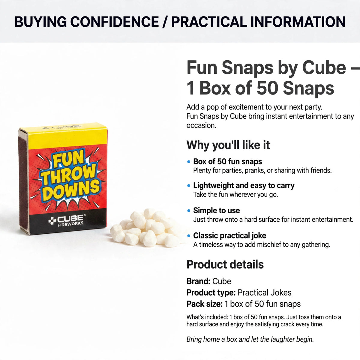 Box of 50 fun snaps for parties, pranks, or sharing with friends