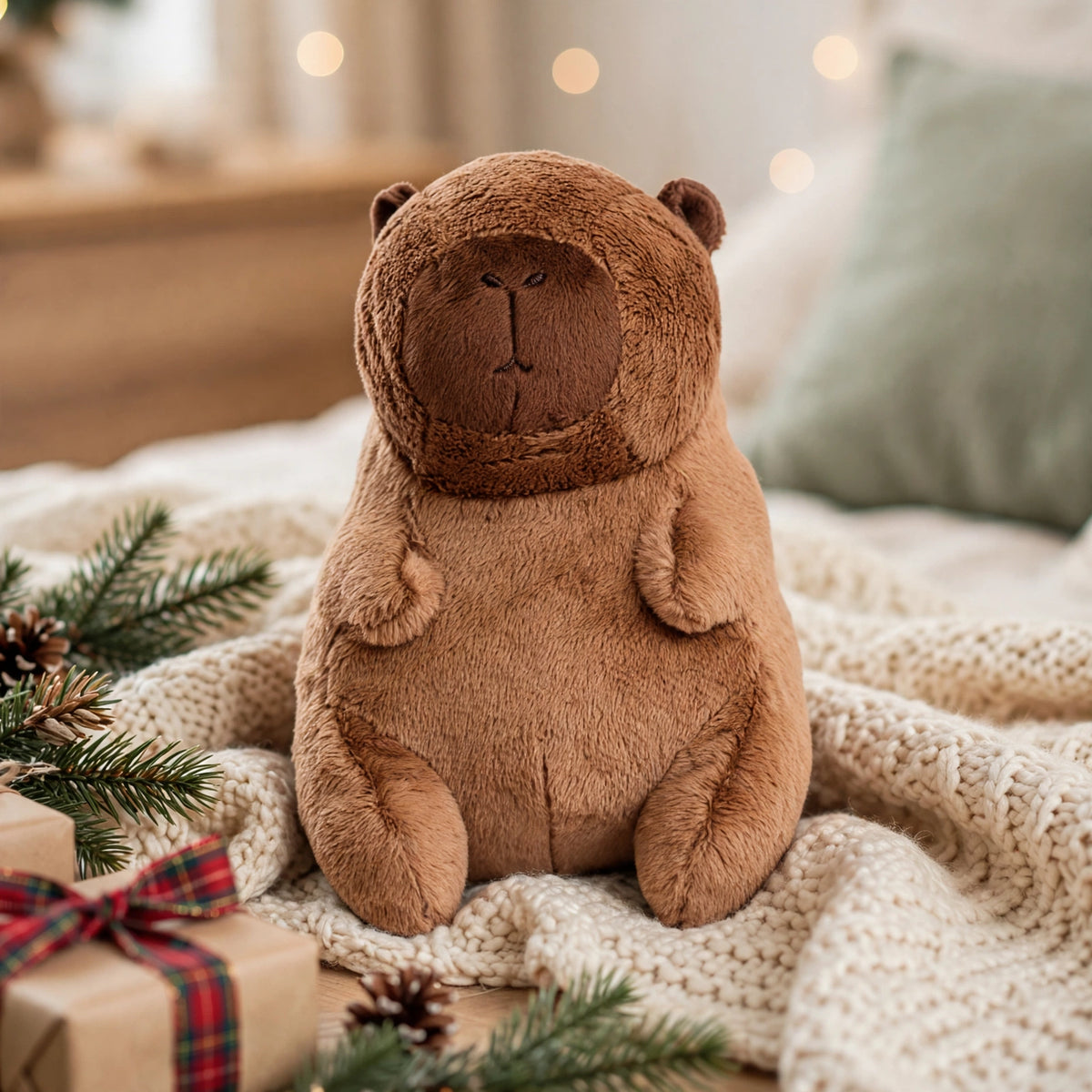 Cuddly Capybara Toy displayed on a desk or bed