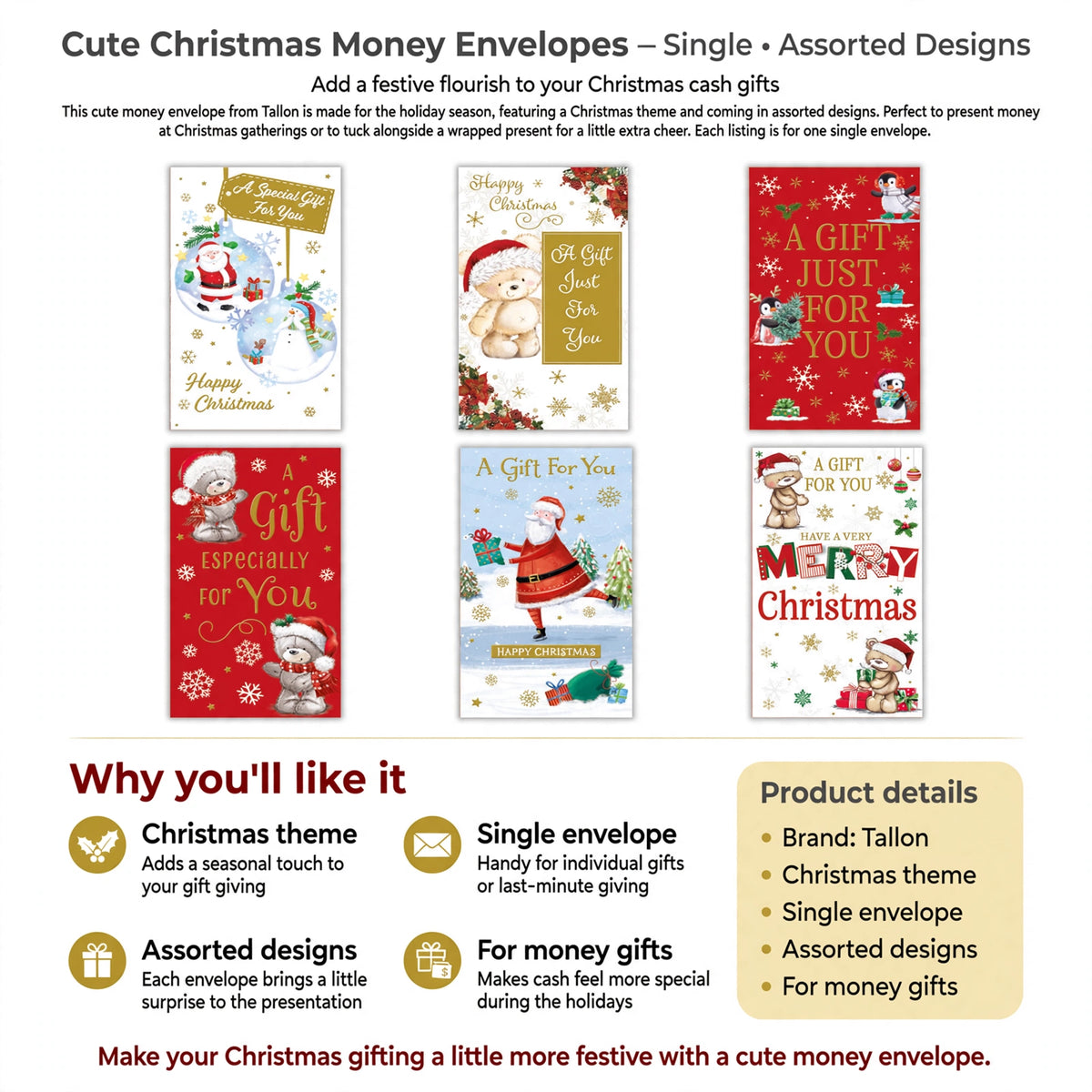 Infographic showing Christmas theme, single envelope, assorted designs, and use for money gifts
