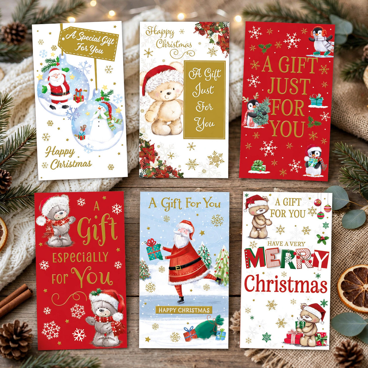 Christmas money envelope displayed with holiday gifts