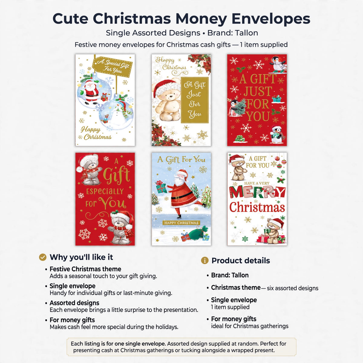 Information about single envelope, assorted designs, and Christmas theme for gifting