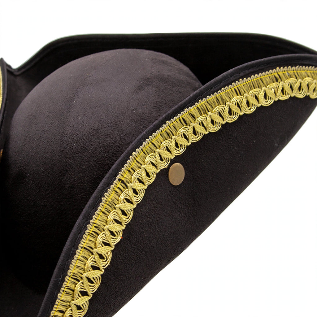 Close-up view of Deluxe Adults Pirate Fancy Dress Hat showing black fabric and gold rim